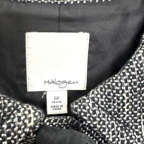Halogen Jacket Womens 6P Petite Black White Tweed Lined Cropped 3/4 Sleeve Piped - Picture 3 of 7